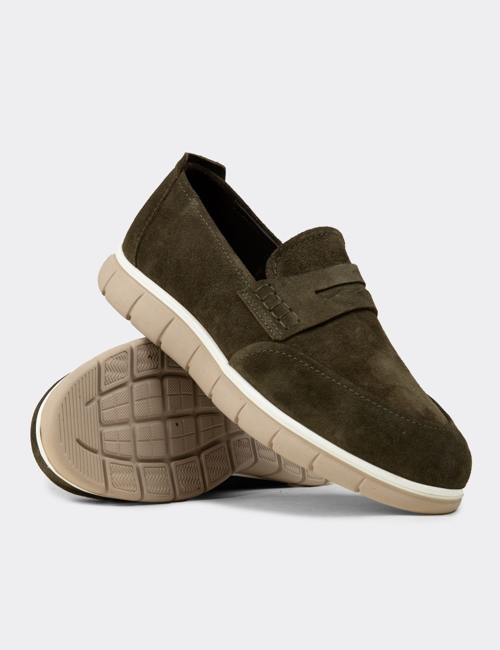 Men's Green Suede Leather Loafers - 02044MYSLE01