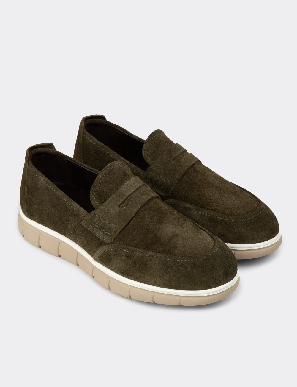 Men's Green Suede Leather Loafers - 02044MYSLE01