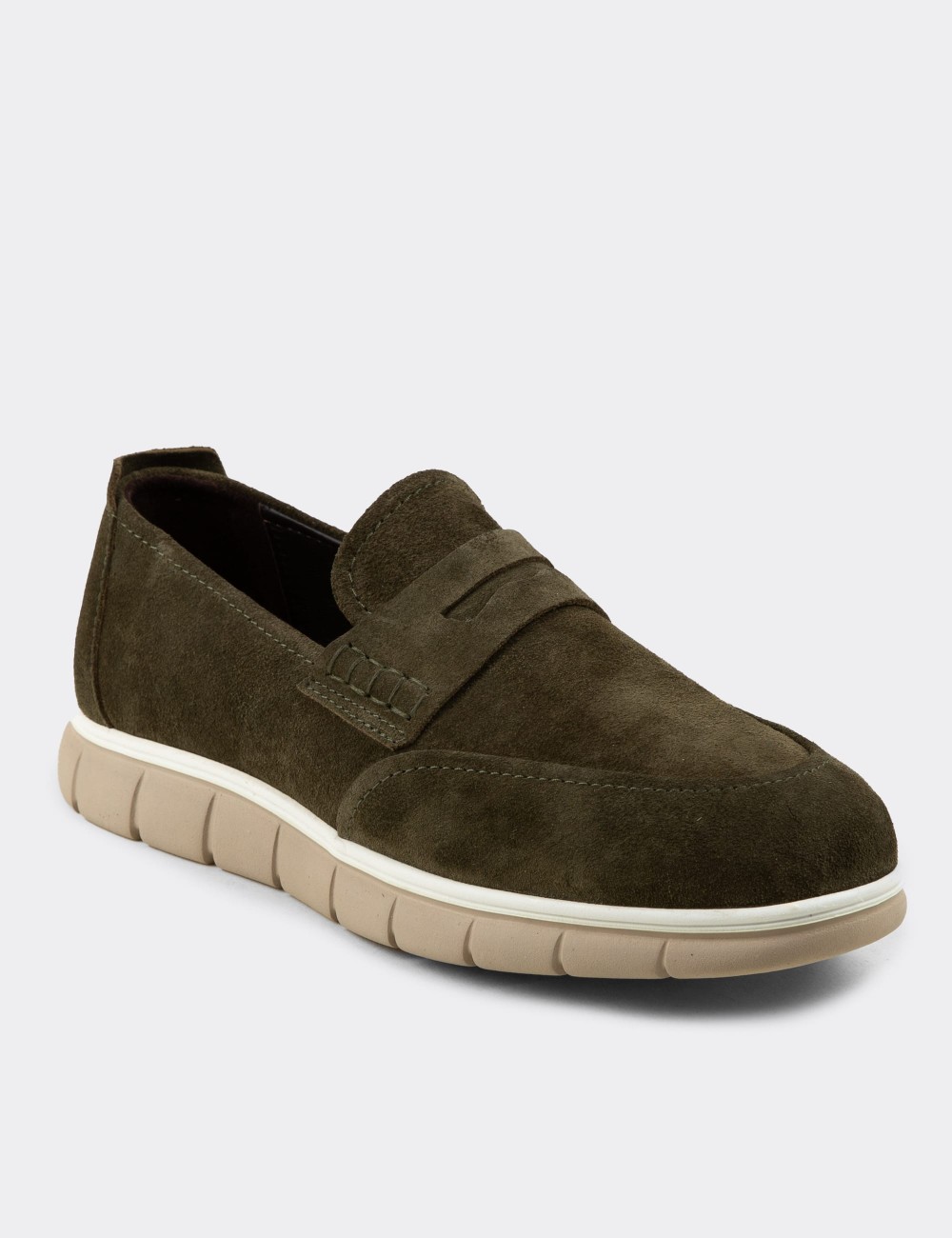 Men's Green Suede Leather Loafers - 02044MYSLE01