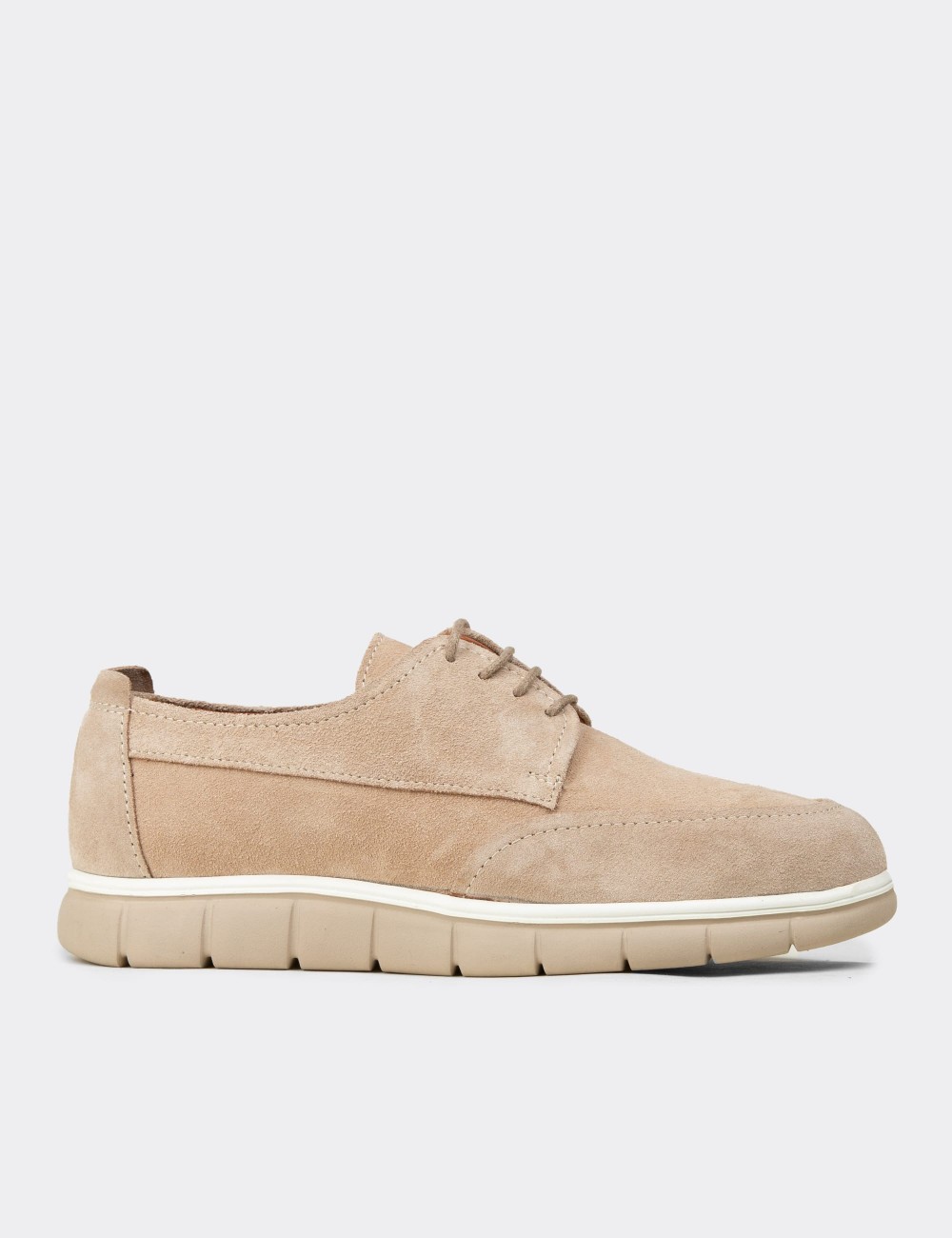 Men's Beige Suede Leather Lace-up Shoes - 02046MBEJE01