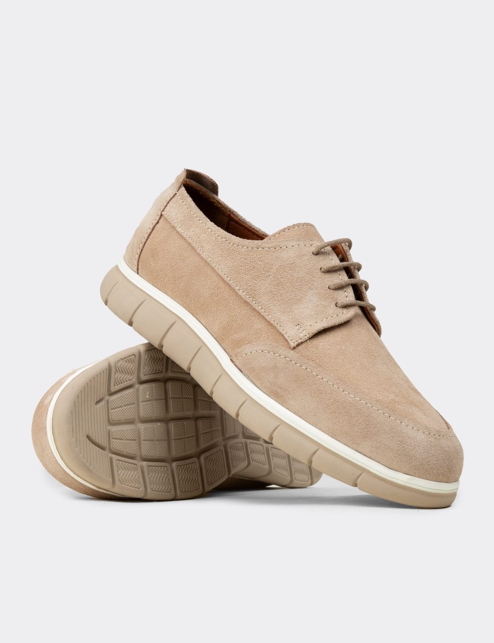 Men's Beige Suede Leather Lace-up Shoes - 02046MBEJE01