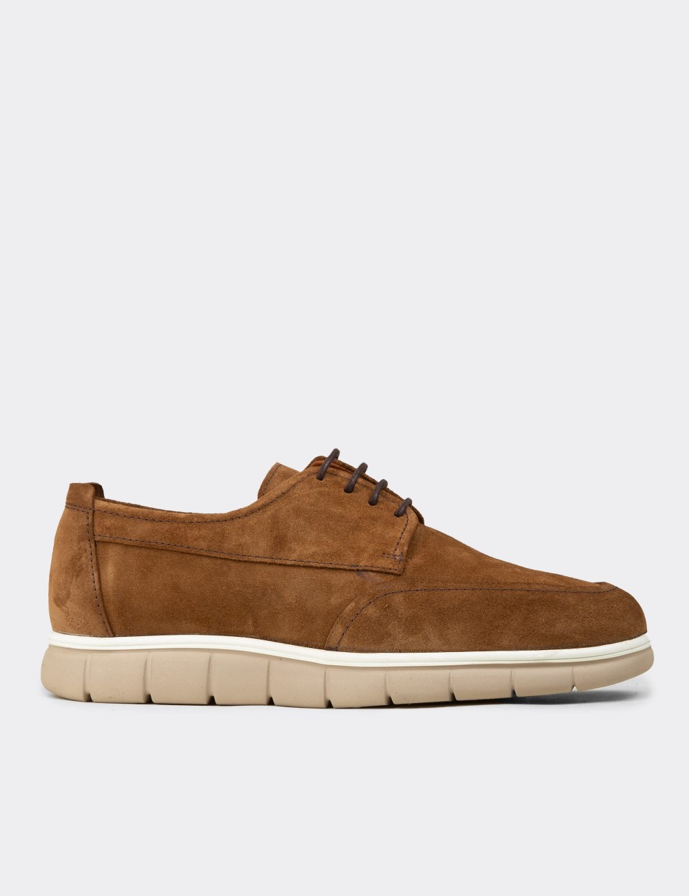 Men's Tan Suede Leather Lace-Up Shoes - 02046MTBAE01