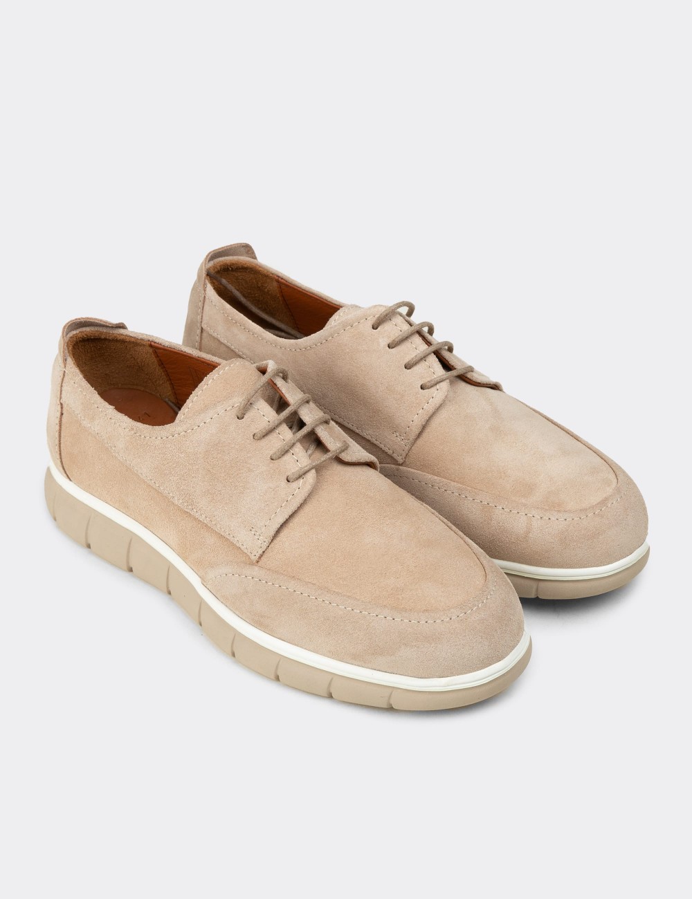 Men's Beige Suede Leather Lace-up Shoes - 02046MBEJE01