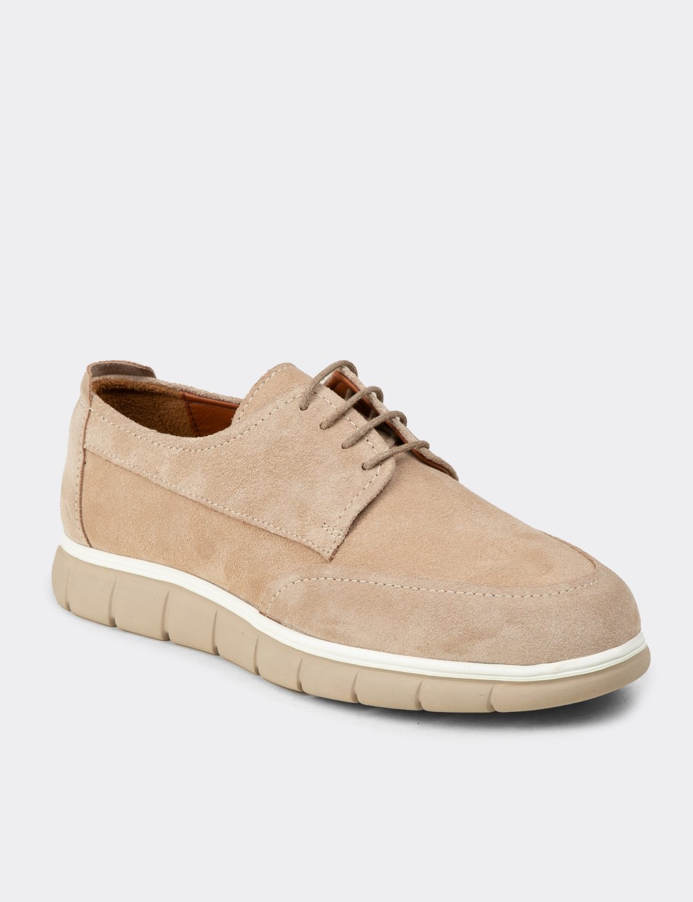 Men's Beige Suede Leather Lace-up Shoes - 02046MBEJE01