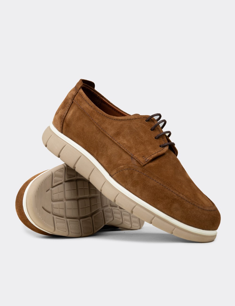 Men's Tan Suede Leather Lace-Up Shoes - 02046MTBAE01