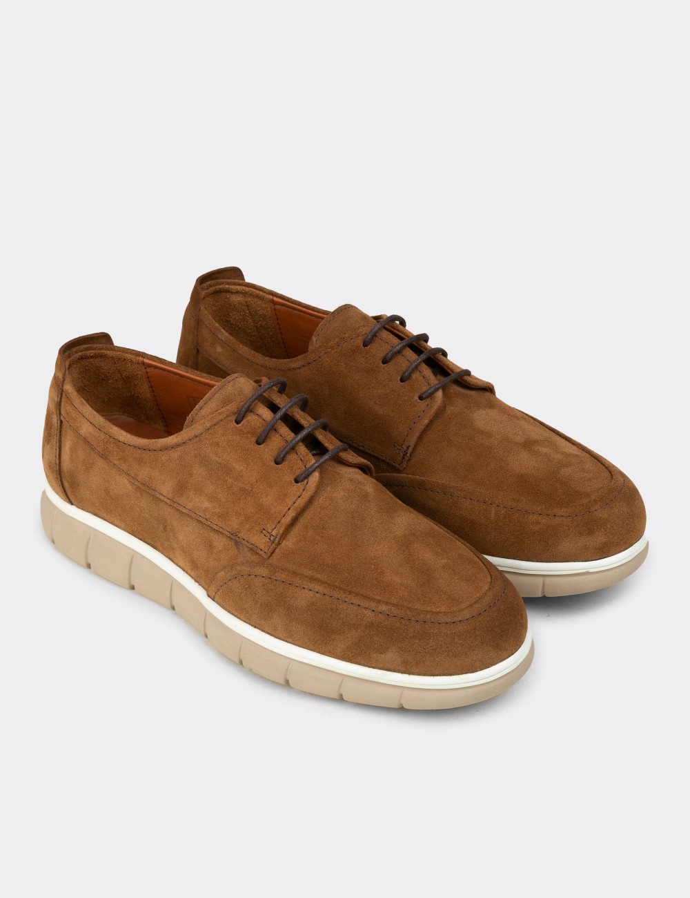 Men's Tan Suede Leather Lace-Up Shoes - 02046MTBAE01