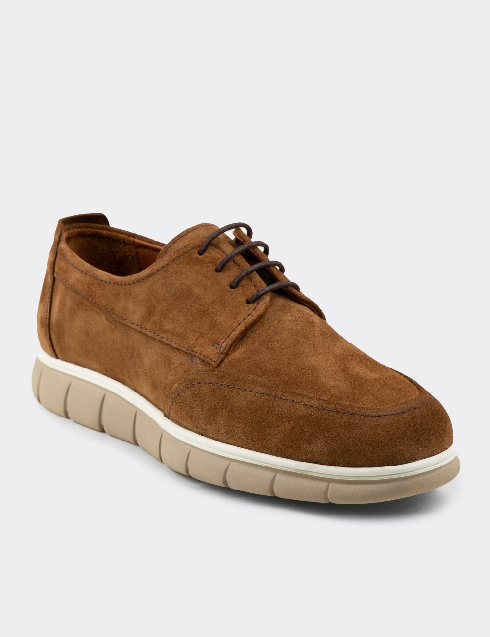 Men's Tan Suede Leather Lace-Up Shoes - 02046MTBAE01