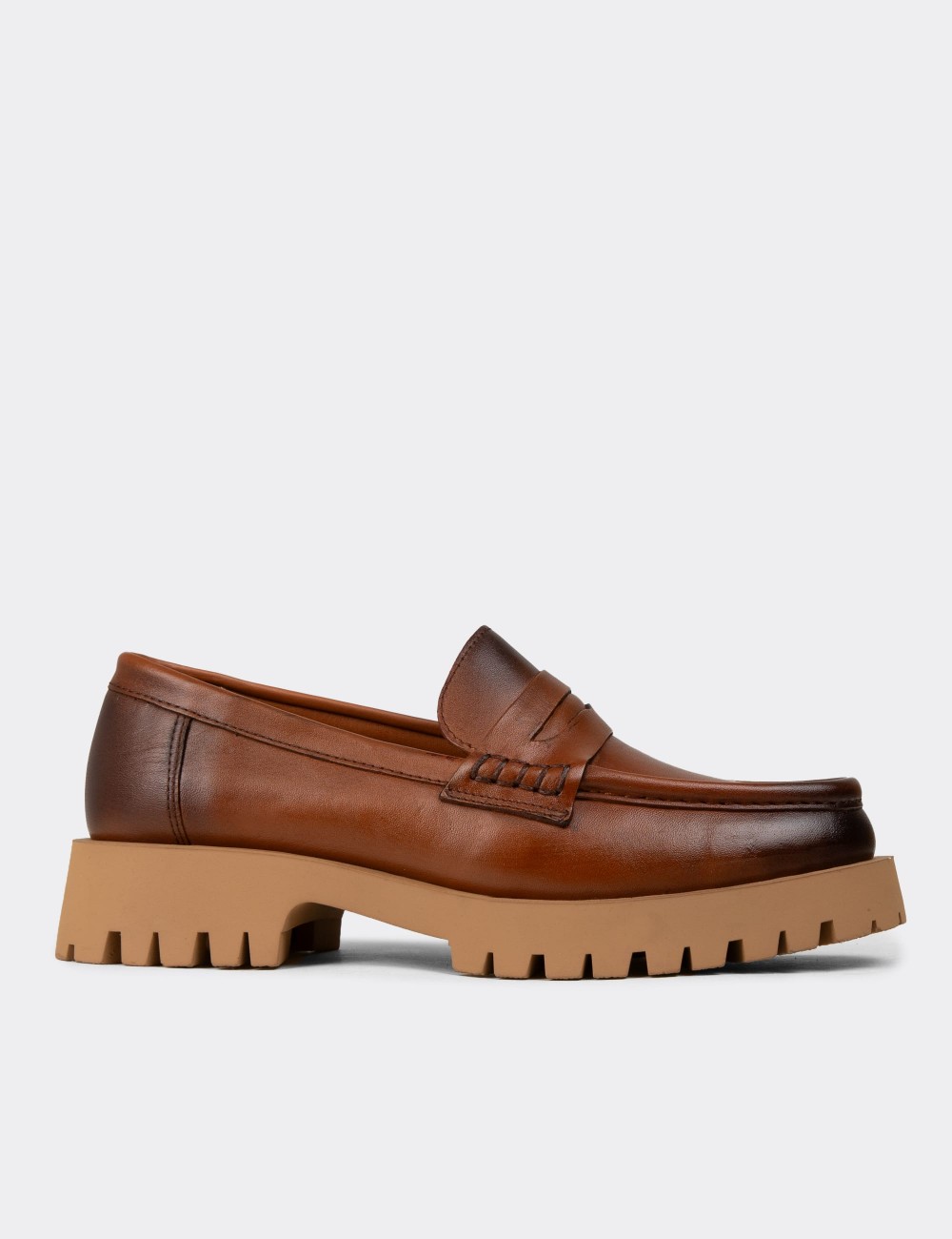 Women's Tan Leather Loafers - 02034ZTBAC02