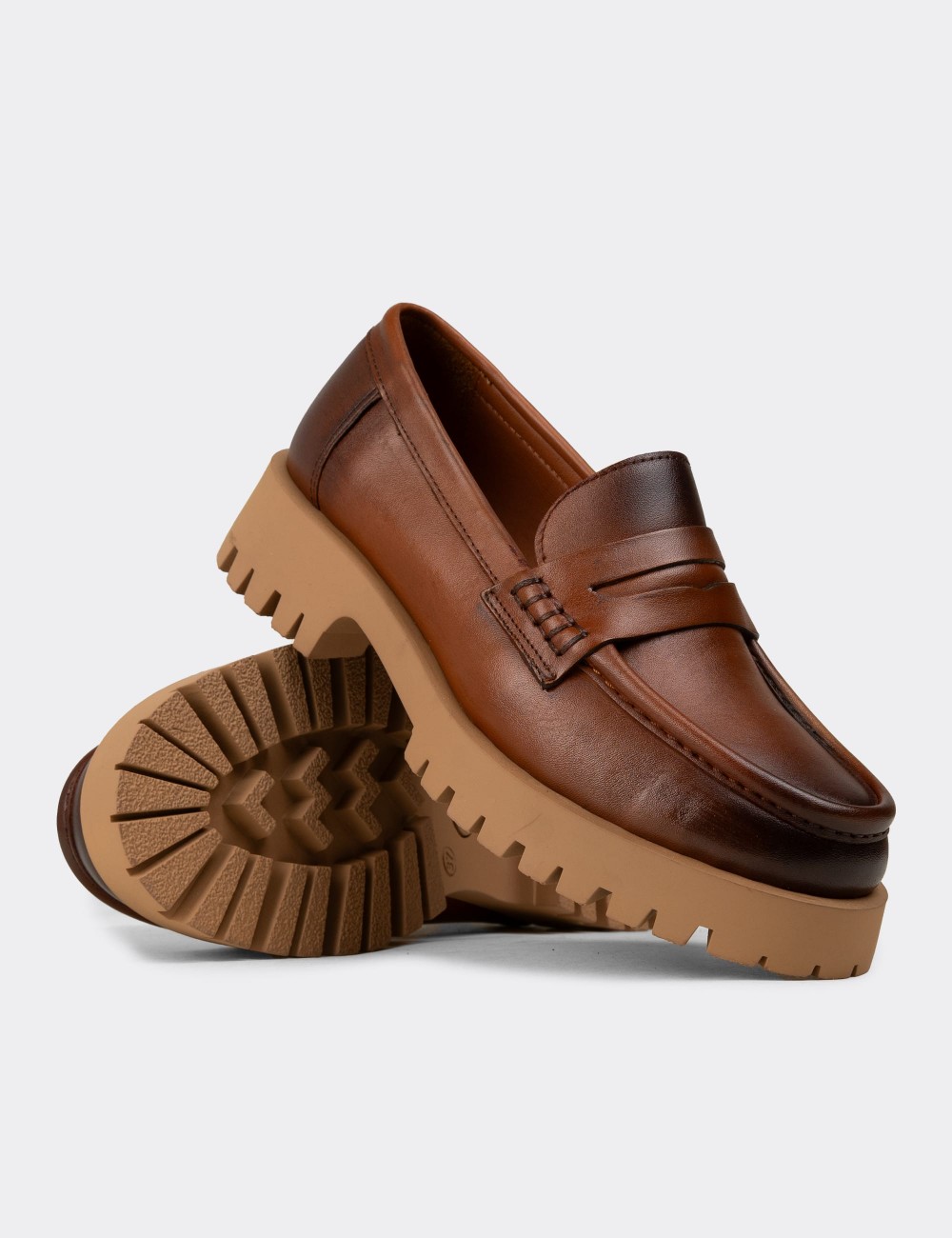 Women's Tan Leather Loafers - 02034ZTBAC02
