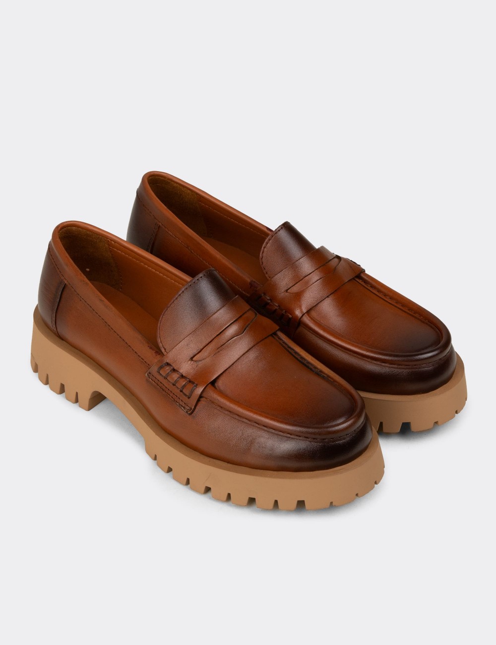 Women's Tan Leather Loafers - 02034ZTBAC02