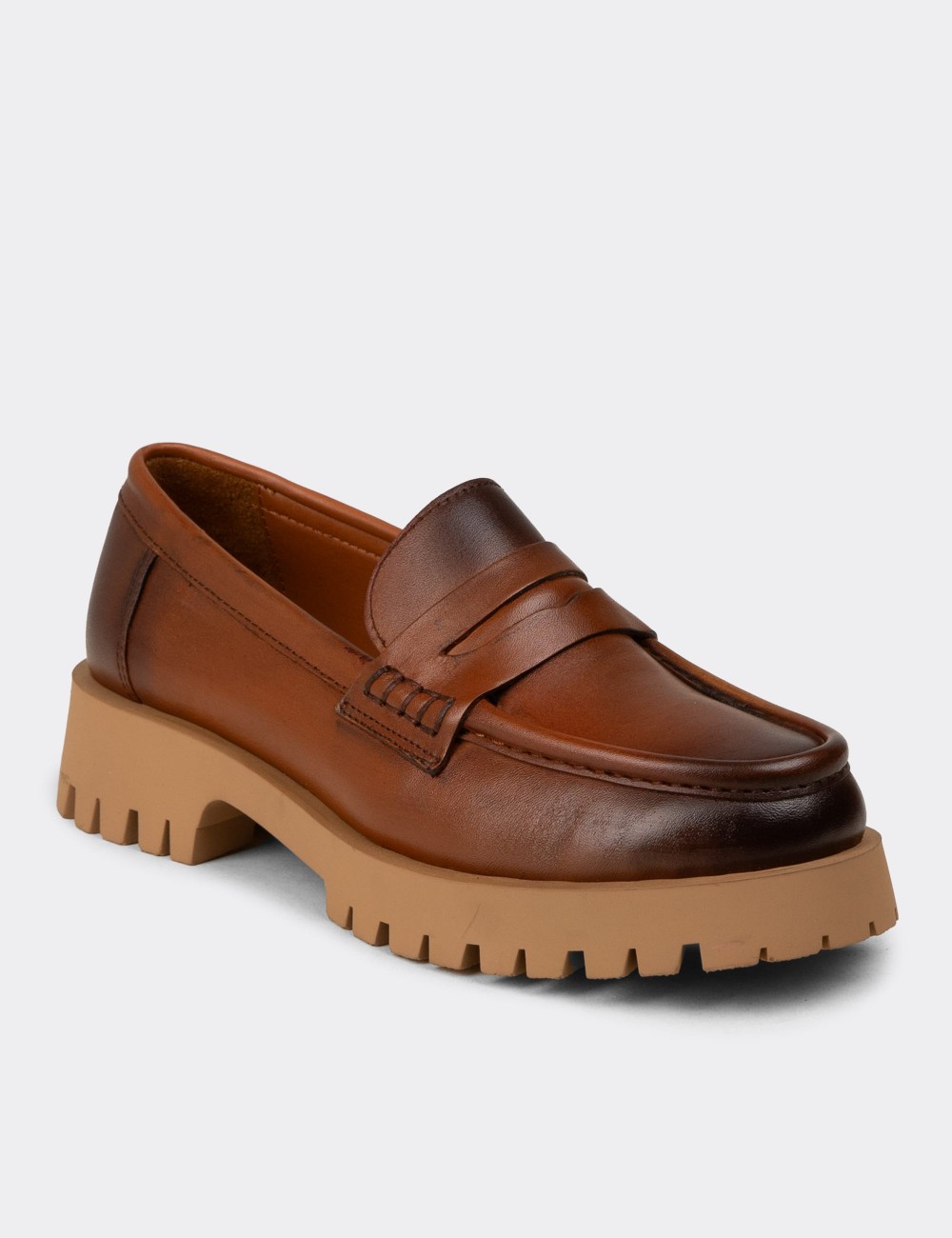 Women's Tan Leather Loafers - 02034ZTBAC02