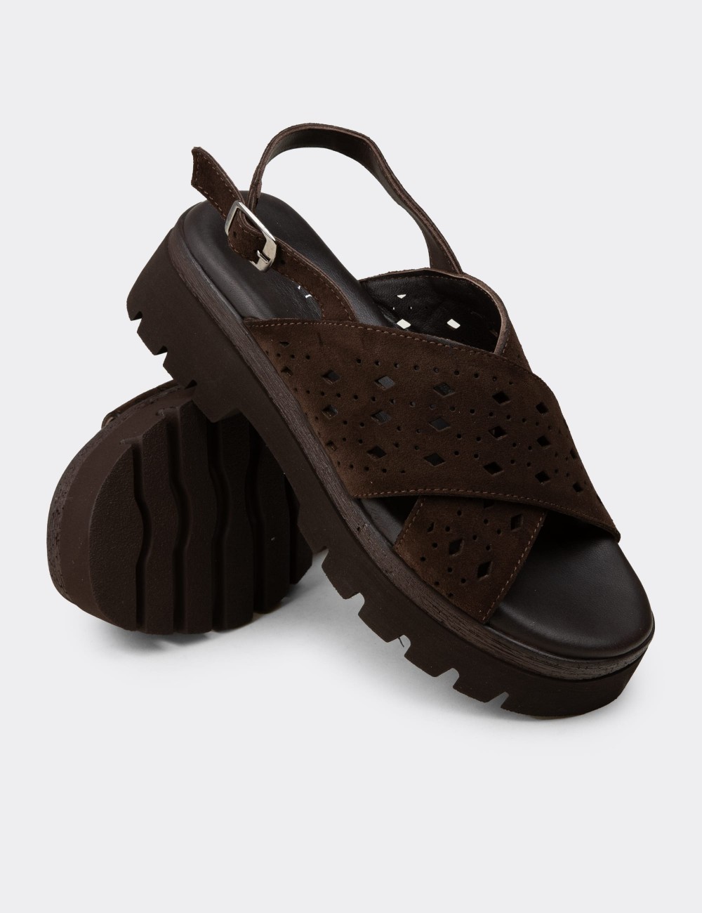 Women's Brown Suede Leather Sandals - 22302ZKHVC01