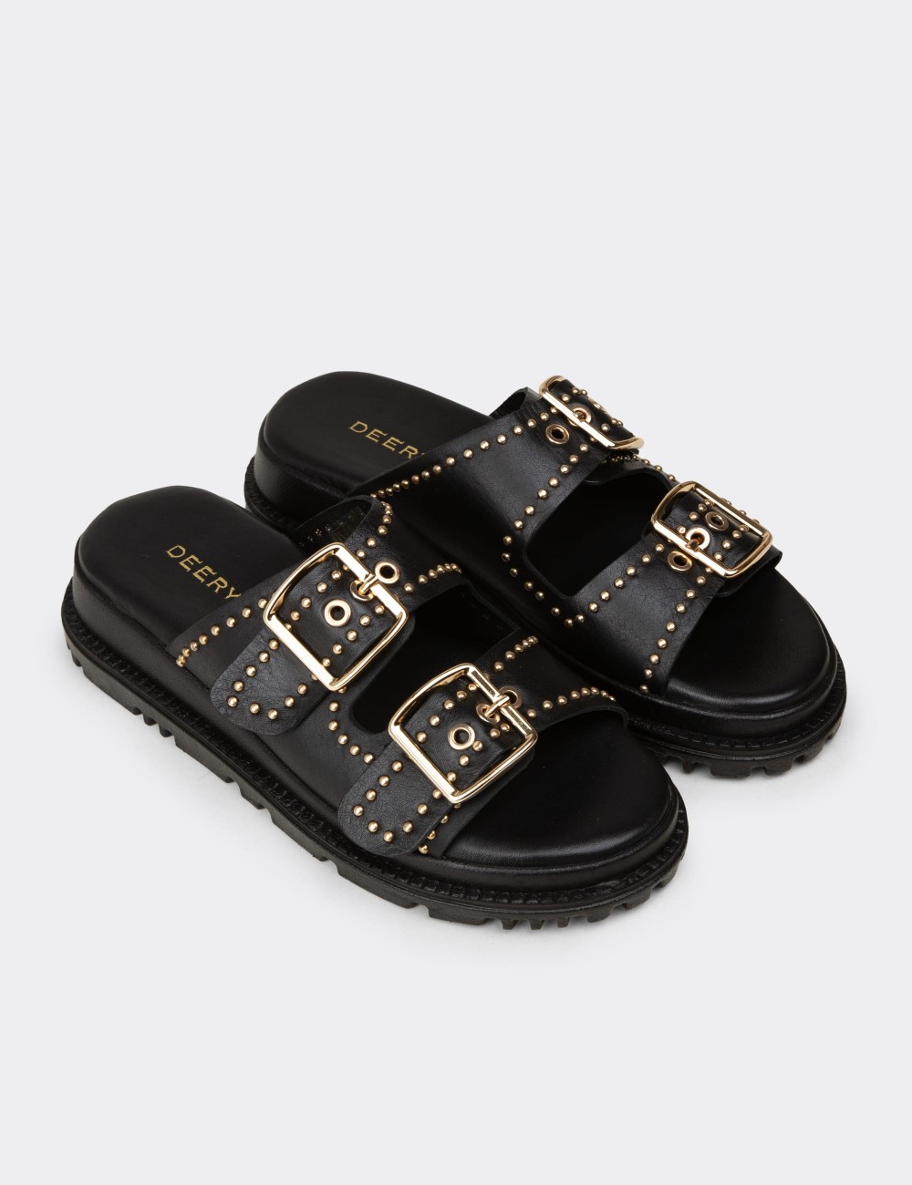 Female Black Leather Sandals - 58607ZSYHC01