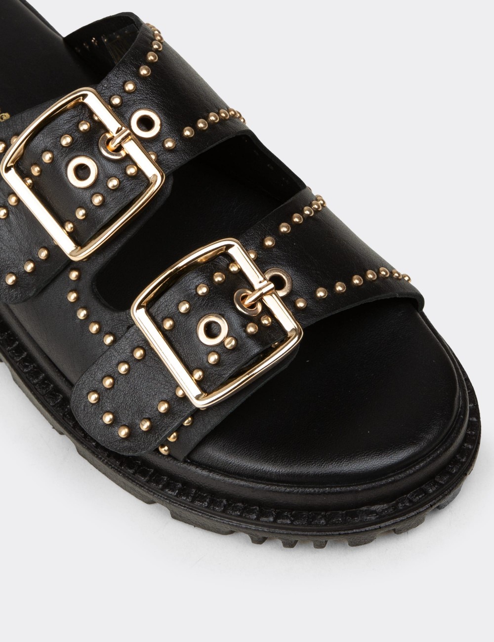Female Black Leather Sandals - 58607ZSYHC01
