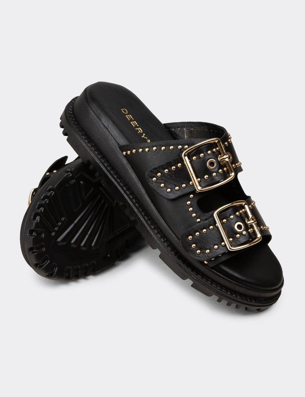 Female Black Leather Sandals - 58607ZSYHC01