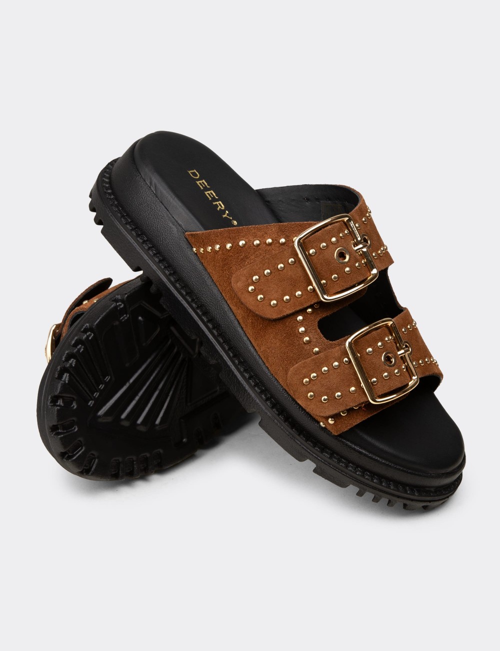 Women's Tan Suede Leather Flip-Flops - 58607ZTBAC01