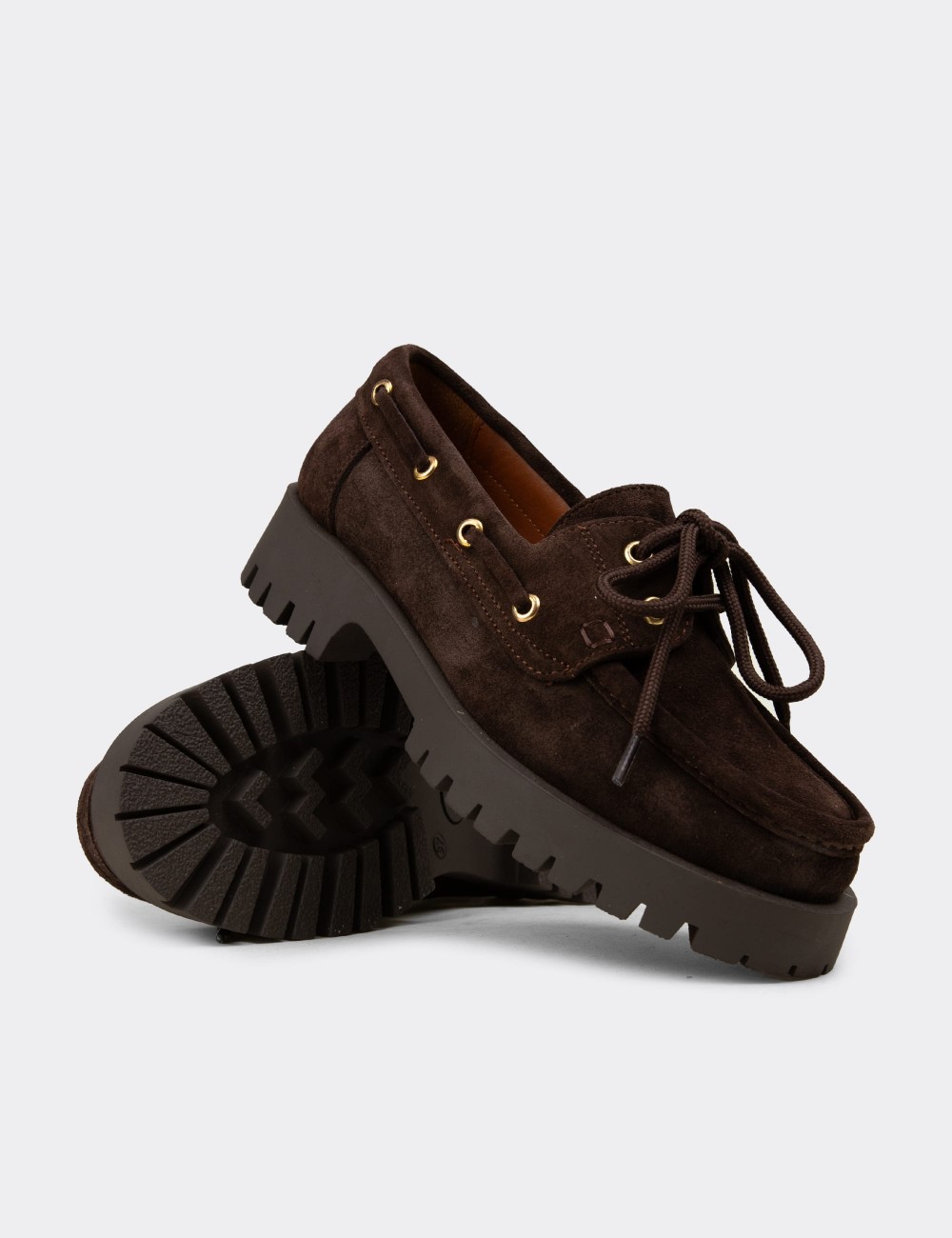 Women's Brown Suede Leather Boat Loafers - 02036ZKHVC01