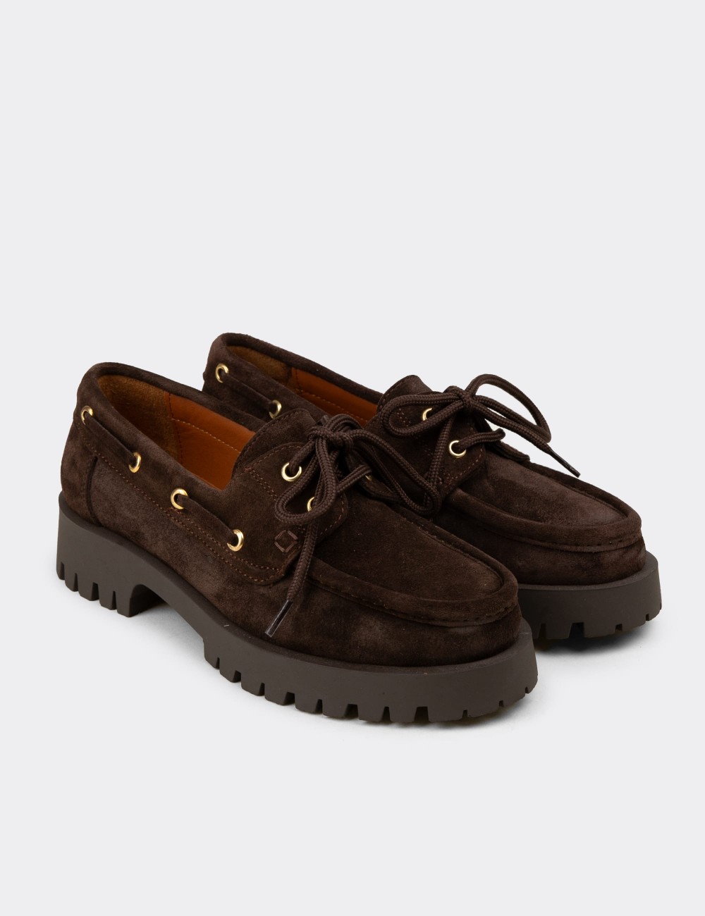 Women's Brown Suede Leather Boat Loafers - 02036ZKHVC01