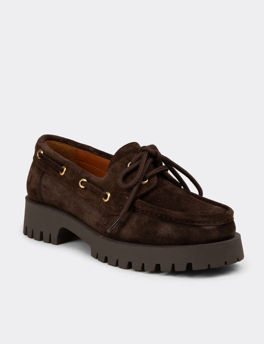 Women's Brown Suede Leather Boat Loafers - 02036ZKHVC01