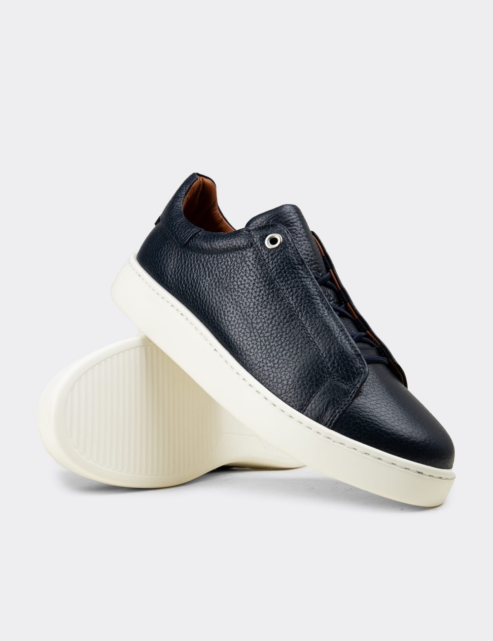 Men's Navy Leather Sneakers - 04444MLCVE01