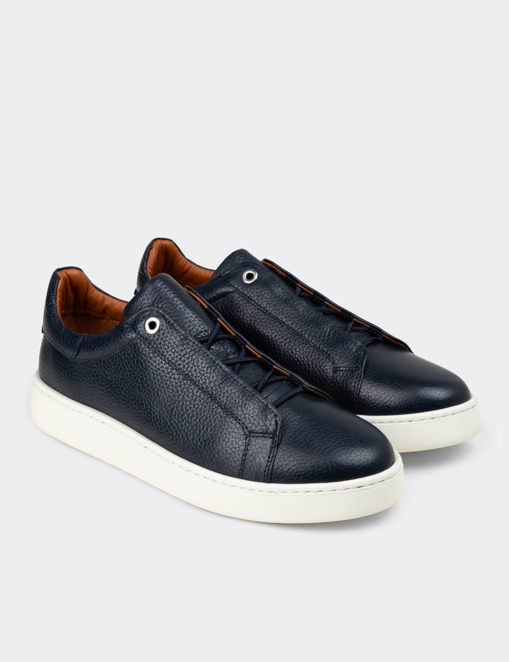 Men's Navy Leather Sneakers - 04444MLCVE01