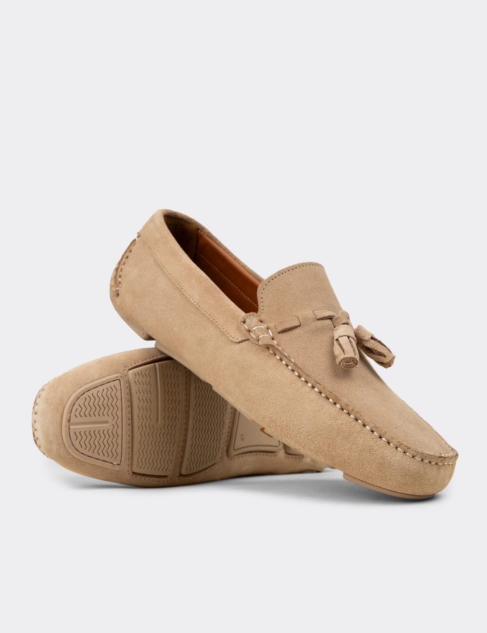 Men's Beige Suede Leather Tassel Drivers - E0950MBEJC01
