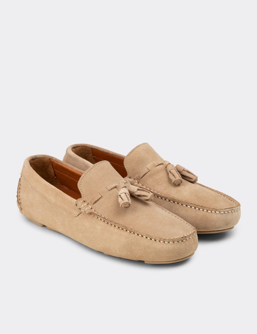 Men's Beige Suede Leather Tassel Drivers - E0950MBEJC01
