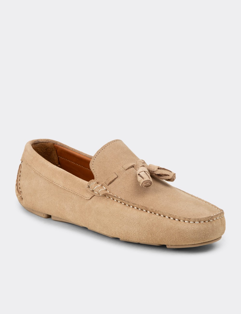 Men's Beige Suede Leather Tassel Drivers - E0950MBEJC01