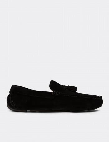 Men's Black Suede Leather Tassel Moccasins