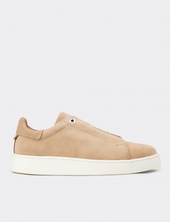 Men's Beige Suede Leather Sneakers with Hidden Laces