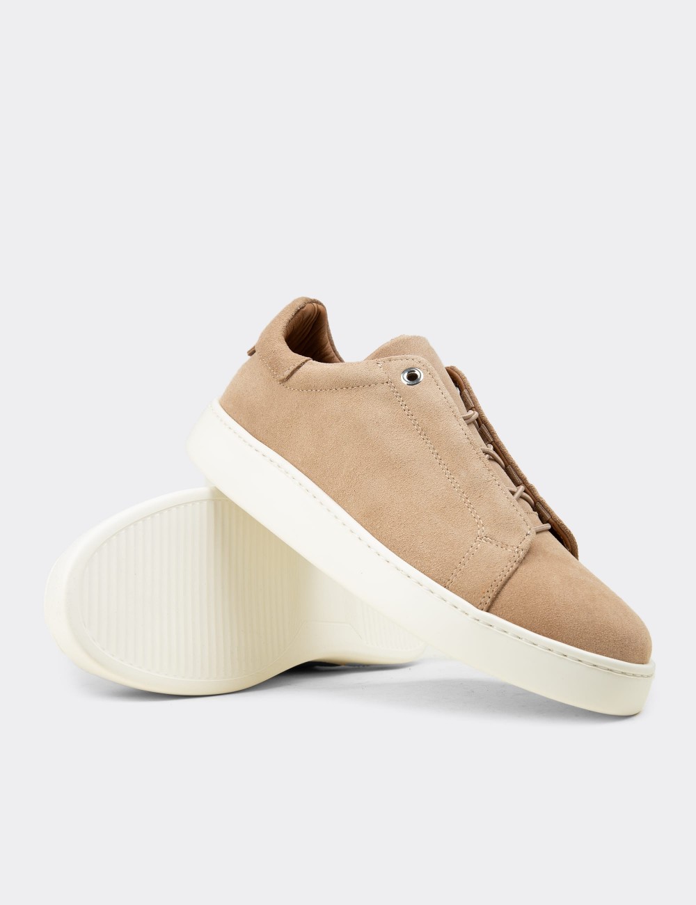 Men's Beige Suede Leather Sneakers with Hidden Laces - 04444MBEJE01