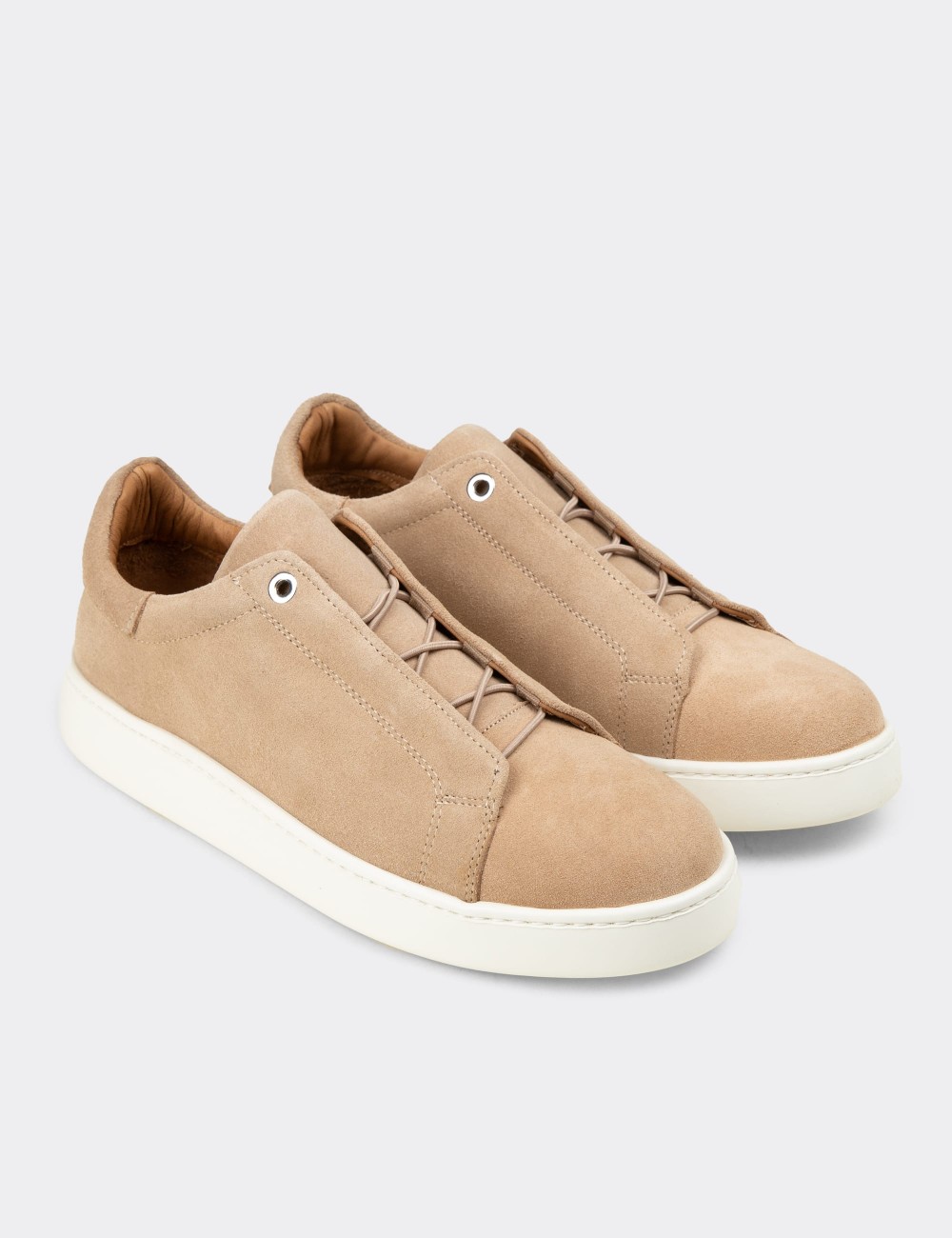 Men's Beige Suede Leather Sneakers with Hidden Laces - 04444MBEJE01