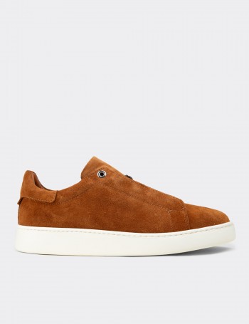 Men's Tan Suede Leather Sneakers with Hidden Laces