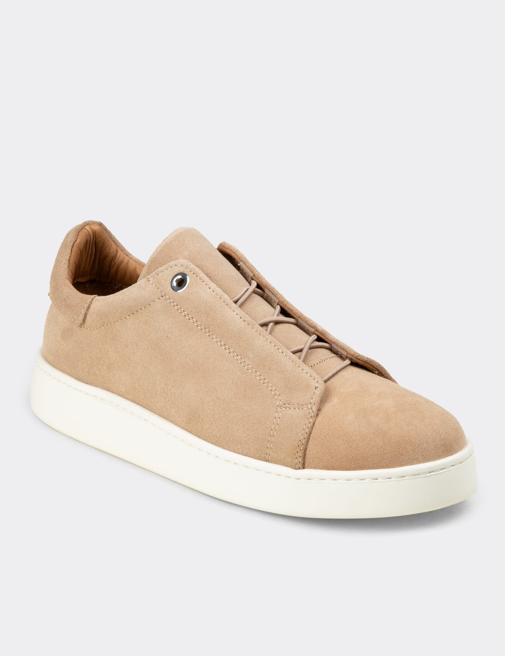 Men's Beige Suede Leather Sneakers with Hidden Laces - 04444MBEJE01