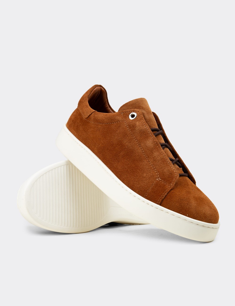 Men's Tan Suede Leather Sneakers with Hidden Laces - 04444MTBAE02