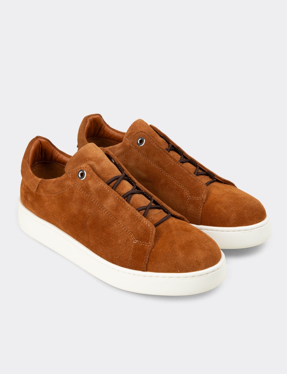 Men's Tan Suede Leather Sneakers with Hidden Laces - 04444MTBAE02