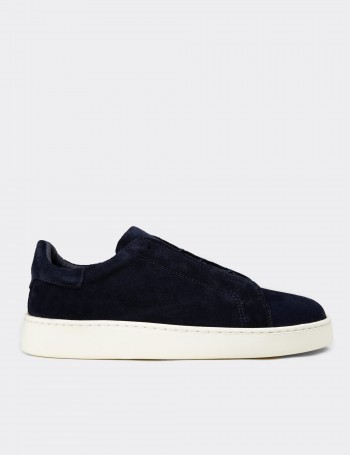 Men's Navy Suede Leather Sneakers with Hidden Laces