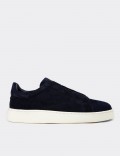 Men's Navy Suede Leather Sneakers with Hidden Laces