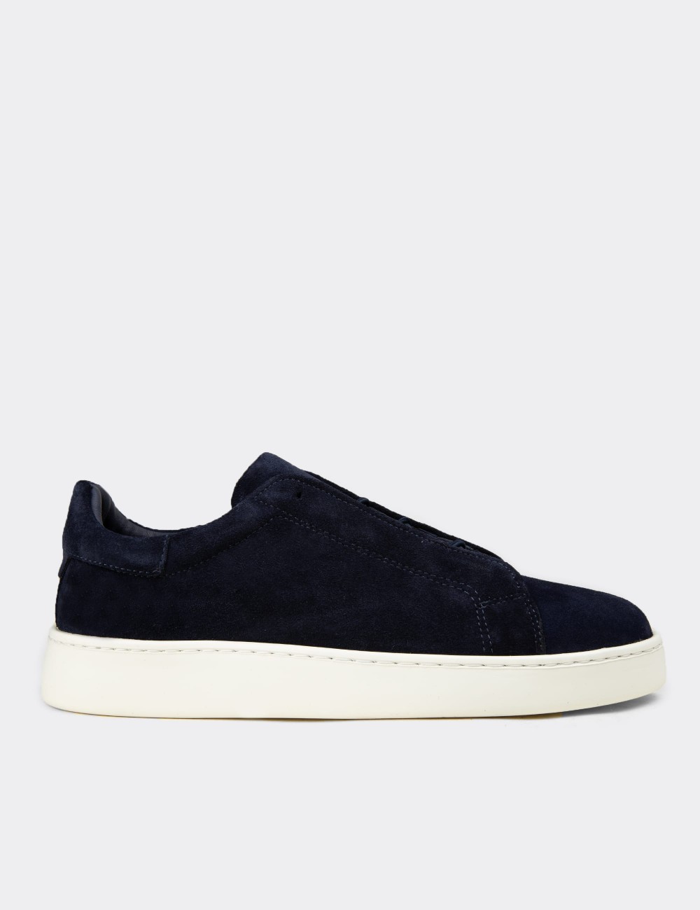 Men's Navy Suede Leather Sneakers with Hidden Laces - 04444MLCVE02