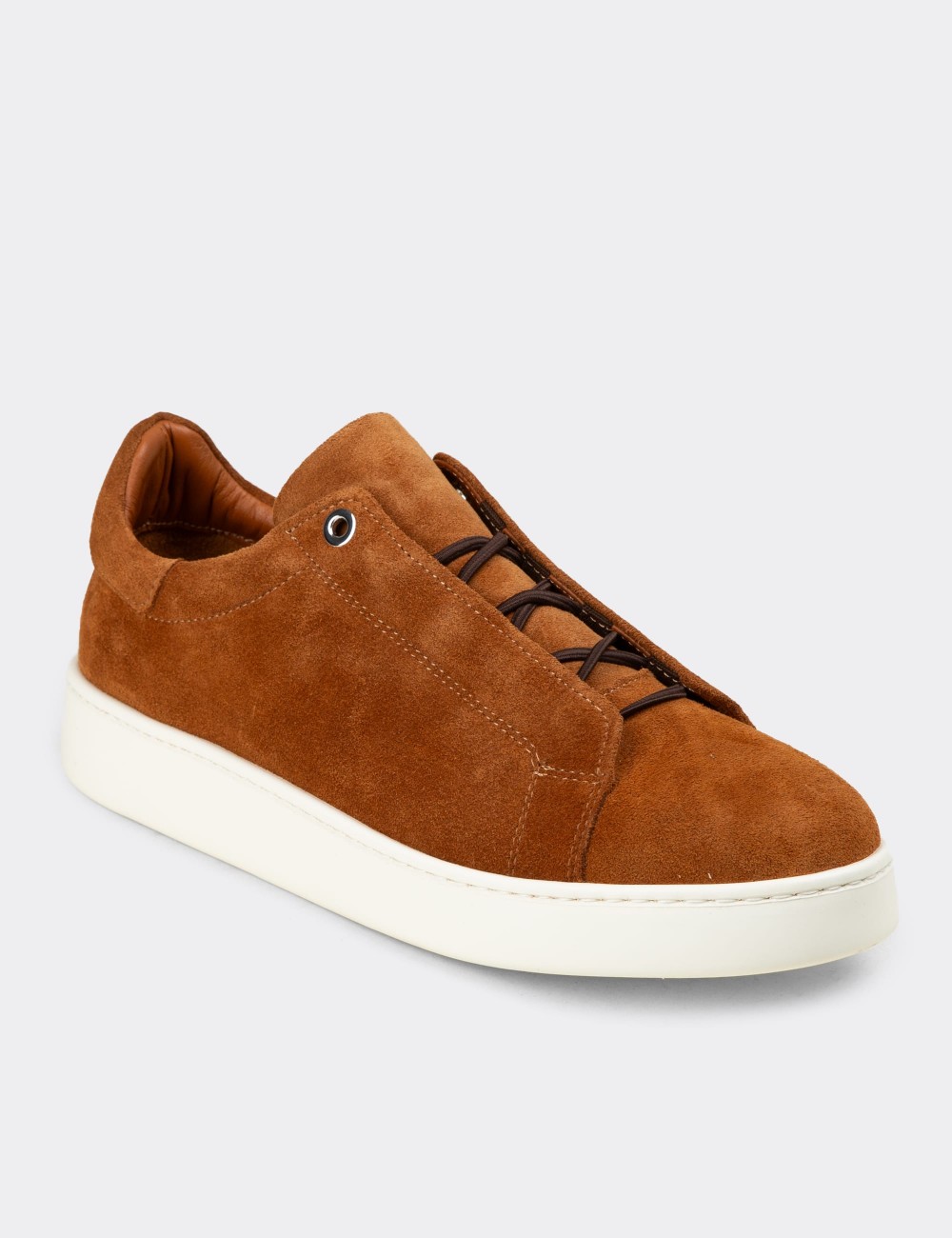 Men's Tan Suede Leather Sneakers with Hidden Laces - 04444MTBAE02