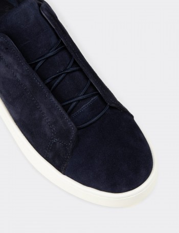 Men's Navy Suede Leather Sneakers with Hidden Laces