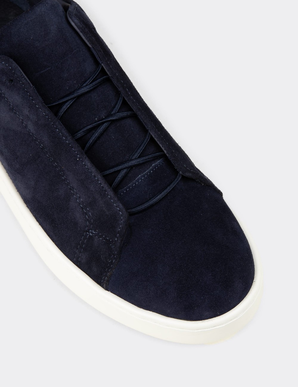 Men's Navy Suede Leather Sneakers with Hidden Laces - 04444MLCVE02