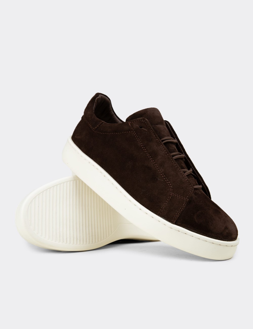 Men's Brown Suede Leather Sneakers with Hidden Laces - 04444MKHVE02
