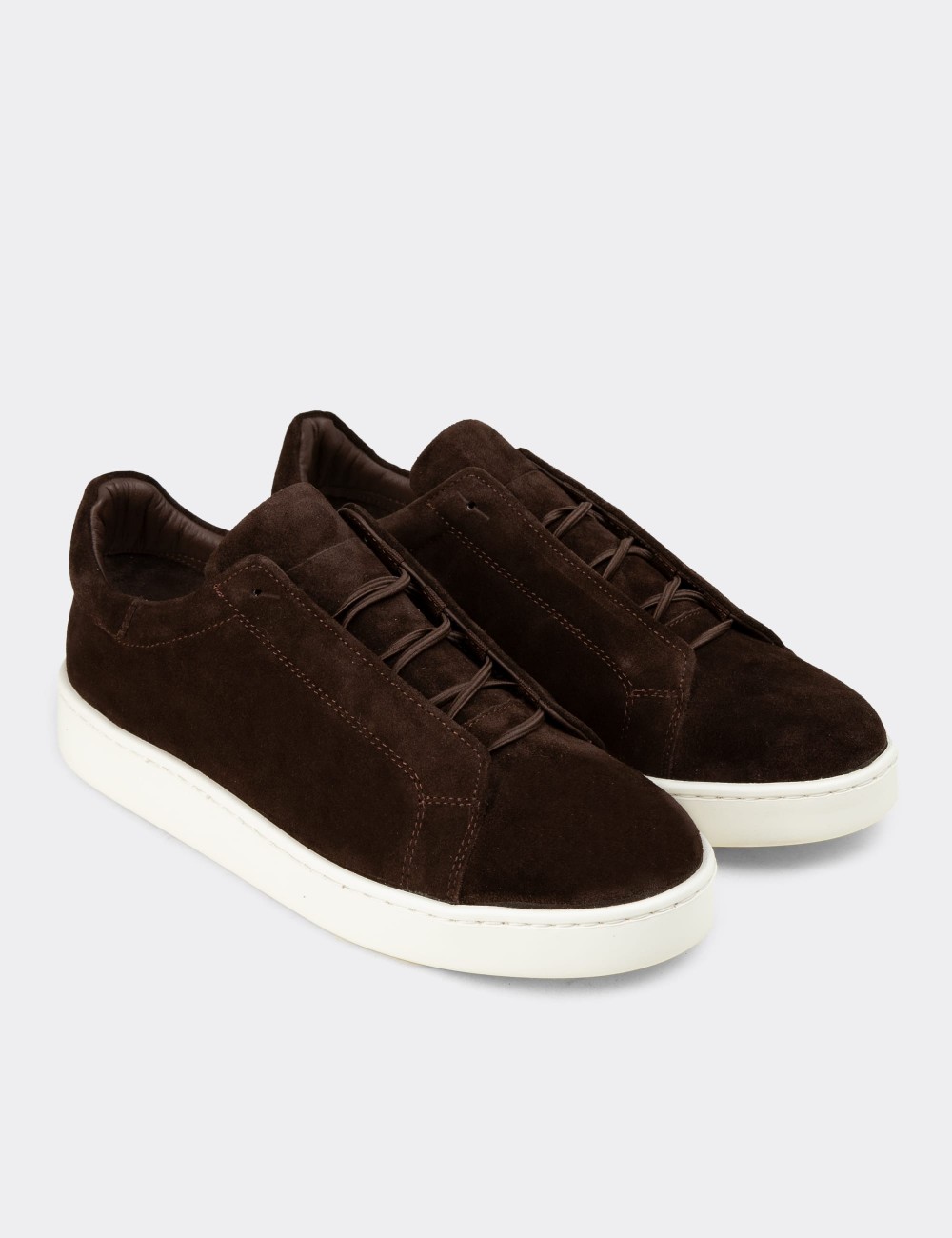 Men's Brown Suede Leather Sneakers with Hidden Laces - 04444MKHVE02