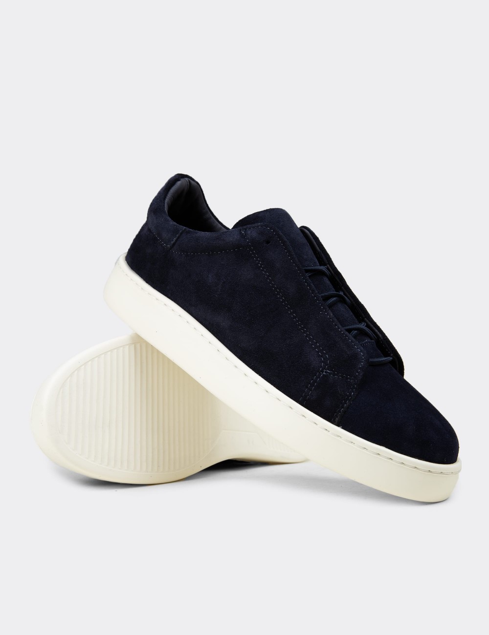 Men's Navy Suede Leather Sneakers with Hidden Laces - 04444MLCVE02