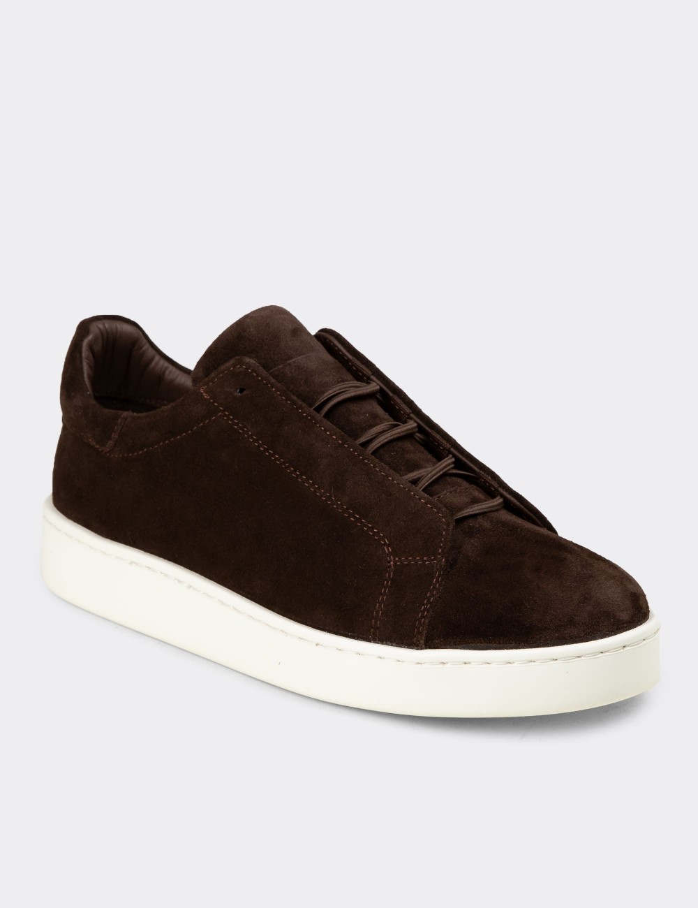 Men's Brown Suede Leather Sneakers with Hidden Laces - 04444MKHVE02