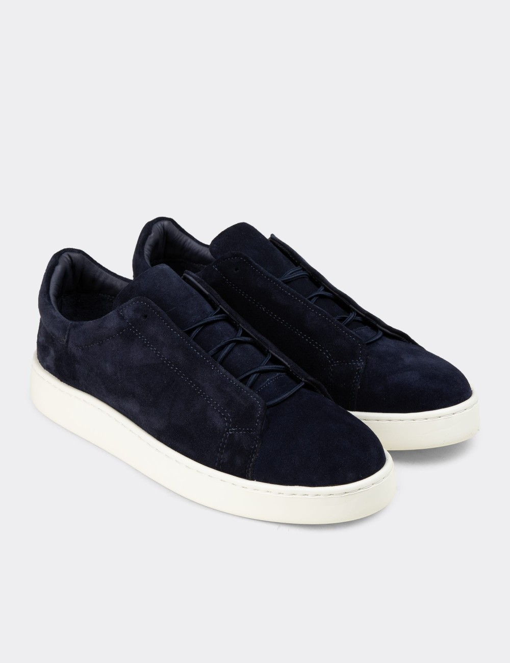 Men's Navy Suede Leather Sneakers with Hidden Laces - 04444MLCVE02
