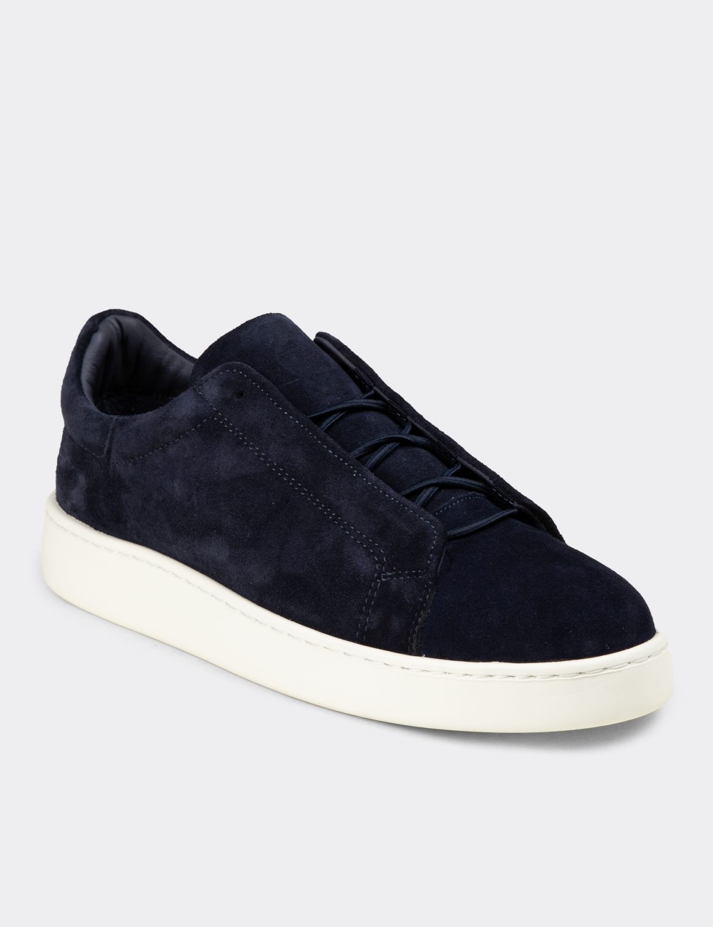 Men's Navy Suede Leather Sneakers with Hidden Laces - 04444MLCVE02