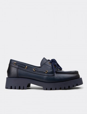 Women's Navy Leather Loafers