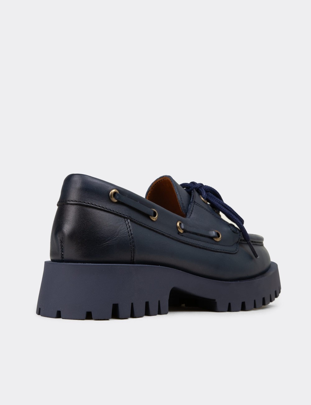 Women's Navy Leather Loafers - 02036ZLCVC02